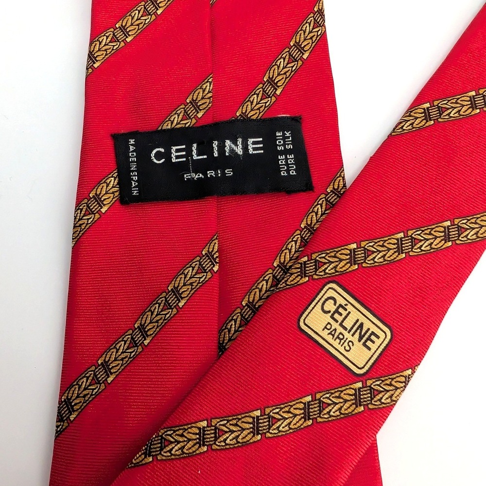 Celine Paris Silk Tie Red Gold Chain Link Stripe Made in Spain Luxury Necktie - Picture 4 of 7